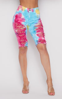 Vibrant Distressed Bermuda Shorts - Sunset Tie-Dye - SohoGirl.com