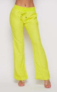 Linen Beaded Drawstring Wide Leg Pants - Yellow - SohoGirl.com