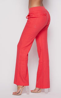 Linen Beaded Drawstring Wide Leg Pants - Coral - SohoGirl.com