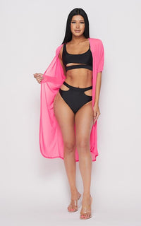 Sheer Short Sleeve Cover Up Duster - Neon Pink - SohoGirl.com