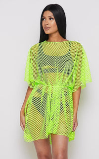 Fishnet Waist Tie Cover Up Dress - Neon Green - SohoGirl.com