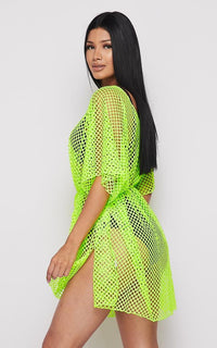 Fishnet Waist Tie Cover Up Dress - Neon Green - SohoGirl.com