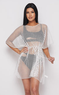 Fishnet Waist Tie Cover Up Dress - White - SohoGirl.com