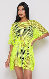 Fishnet Waist Tie Cover Up Dress - Neon Yellow - SohoGirl.com