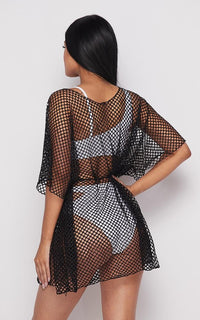 Fishnet Waist Tie Cover Up Dress - Black - SohoGirl.com