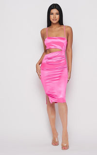 Side Cut-Out Silky Satin Midi Dress - Neon Pink - SohoGirl.com