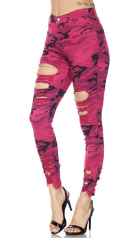 Fuchsia Pink Camouflage High Waisted Distressed Skinny Jeans - SohoGirl.com