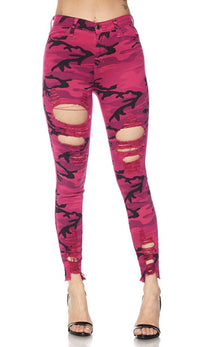 Fuchsia Pink Camouflage High Waisted Distressed Skinny Jeans - SohoGirl.com