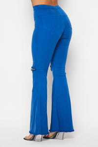 Vibrant Ripped Knee Super Flare Jeans - Royal Blue - SohoGirl.com