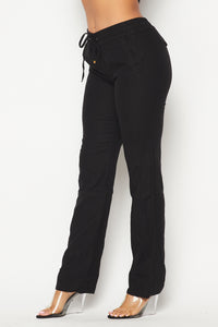 Linen Gold Drawstring Wide Leg Pants - Black - SohoGirl.com