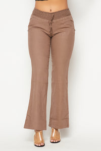 Linen Ruched Drawstring Wide Leg Pants - Mocha - SohoGirl.com