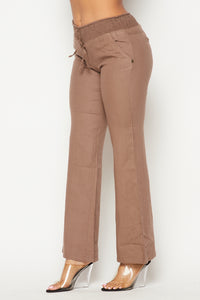 Linen Ruched Drawstring Wide Leg Pants - Mocha - SohoGirl.com