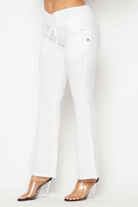 Linen Ruched Drawstring Wide Leg Pants - White - SohoGirl.com