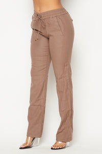 Linen Gold Drawstring Wide Leg Pants - Mocha - SohoGirl.com
