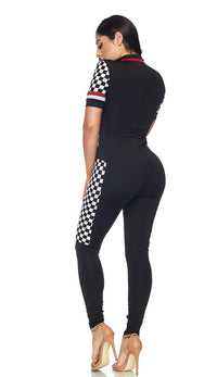 Short Sleeve Checkered Racing Jumpsuit - Black - SohoGirl.com