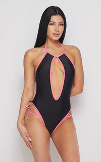 Contrast Trim Cut Out Swimsuit - Black-Pink - SohoGirl.com