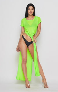 Neon Double Slit Sheer Maxi Cover Up - Green - SohoGirl.com