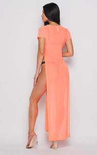 Neon Double Slit Sheer Maxi Cover Up - Coral - SohoGirl.com