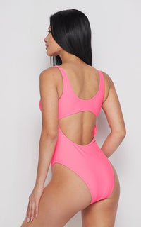 Neon Tie Front Cut Out One Piece Swimsuit - Pink - SohoGirl.com