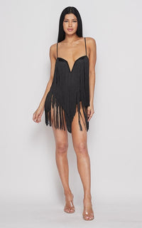 Fringe V-Neck Mini Dress - Black - SohoGirl.com