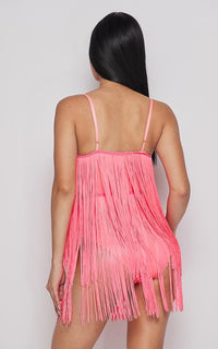 Neon Fringe V-Neck Mini Dress - Pink - SohoGirl.com