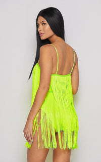 Neon Fringe V-Neck Mini Dress - Green - SohoGirl.com