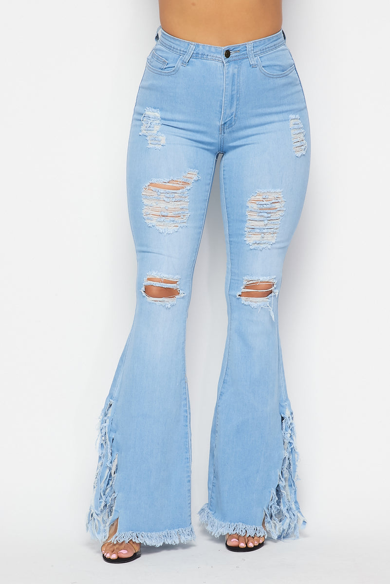 High Waisted Super Distressed Bell Bottom Jeans - Light Denim ...