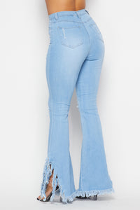 High Waisted Super Distressed Bell Bottom Jeans - Light Denim - SohoGirl.com
