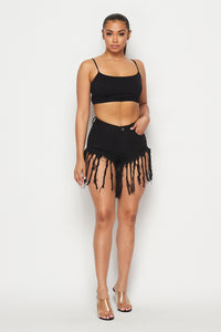 High Waisted Tassel Frayed Denim Shorts - Black - SohoGirl.com