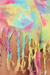 High Waisted Tassel Frayed Denim Shorts - Pink Tie Dye - SohoGirl.com
