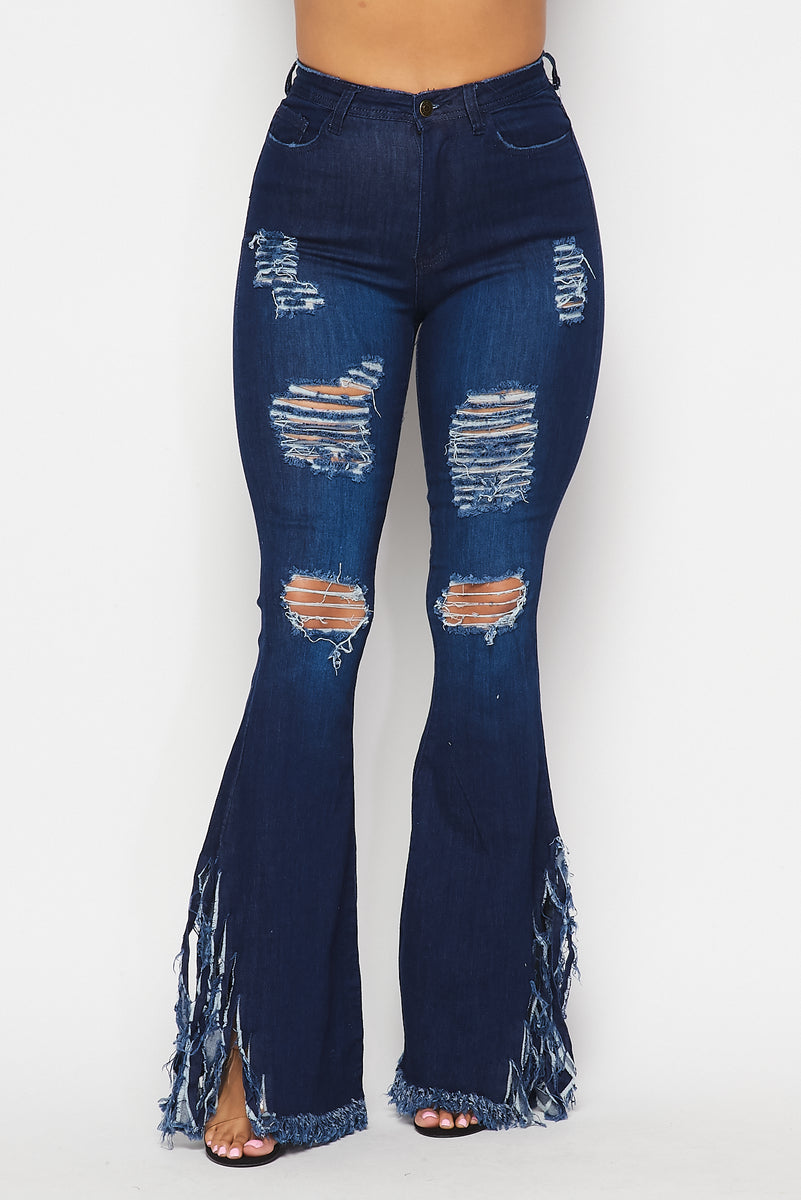 High Waisted Super Distressed Bell Bottom Jeans - Dark Denim – SohoGirl.com