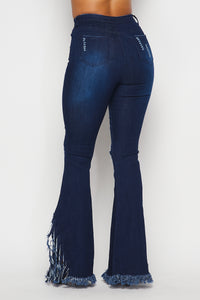 High Waisted Super Distressed Bell Bottom Jeans - Dark Denim - SohoGirl.com