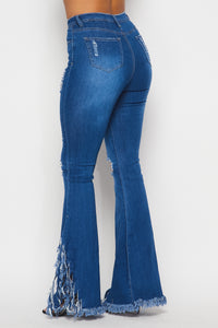 High Waisted Super Distressed Bell Bottom Jeans - Medium Denim - SohoGirl.com