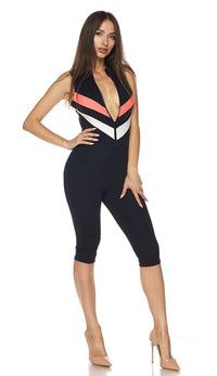 Sleeveless Chevron Stripe Capri Jumpsuit in Black (Plus Size Available) - SohoGirl.com