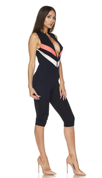 Sleeveless Chevron Stripe Capri Jumpsuit in Black (Plus Size Available) - SohoGirl.com