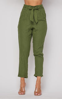 Linen Tie Waist Cropped Pants - Olive - SohoGirl.com