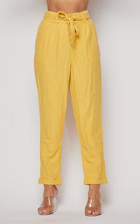 Linen Tie Waist Cropped Pants - Mustard - SohoGirl.com