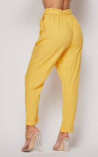Linen Tie Waist Cropped Pants - Mustard - SohoGirl.com