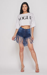 High Waisted Tassel Frayed Denim Shorts - Dark Denim - SohoGirl.com