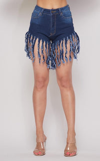 High Waisted Tassel Frayed Denim Shorts - Dark Denim - SohoGirl.com