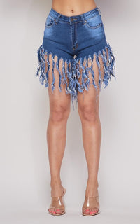 High Waisted Frayed Tassel Denim Shorts - Medium - SohoGirl.com