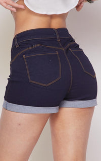 Stretchy Mid Rise Cuffed Denim Shorts - Dark Denim - SohoGirl.com
