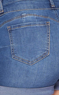 Stretchy 2-Button Cuffed Denim Shorts - Medium Denim - SohoGirl.com