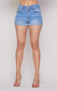 Stretchy 2-Button Cuffed Denim Shorts - Light Denim - SohoGirl.com