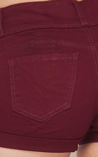 Stretchy 3-Button Cuffed Denim Shorts - Burgundy - SohoGirl.com