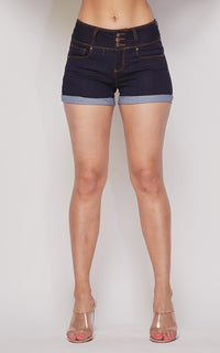 Stretchy 3-Button Cuffed Denim Shorts - Dark Denim - SohoGirl.com