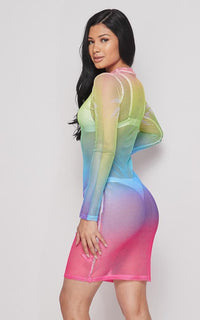 Rainbow Colorblock Fishnet Cover Up Dress - SohoGirl.com