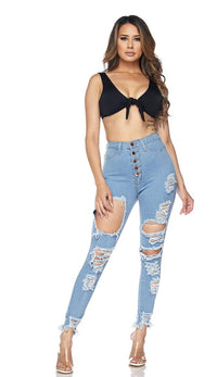Vibrant High Waisted Button Fly Distressed Jeans- Light Denim - SohoGirl.com