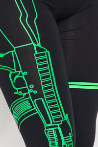 Guns Out Machine Gun Black W/ Neon Green Leggings - Plus Sizes Available - SohoGirl.com