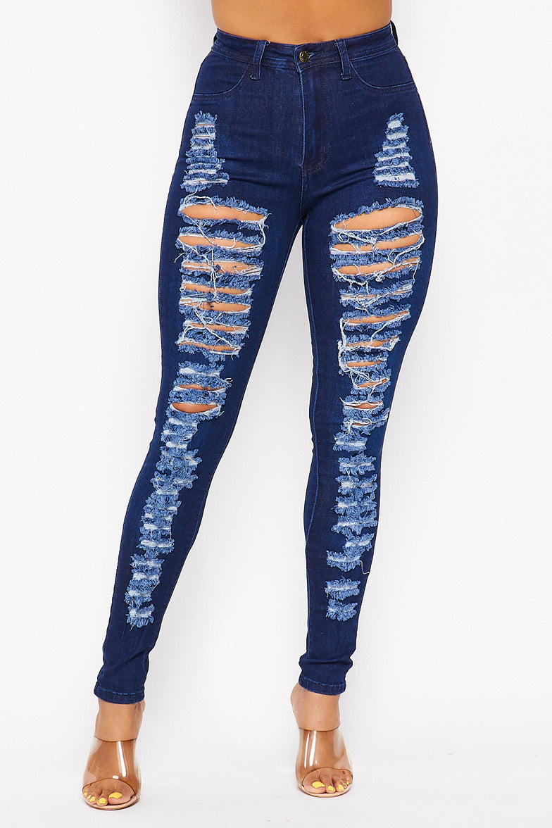 Super High Waisted Super Distressed Skinny Jeans - Dark